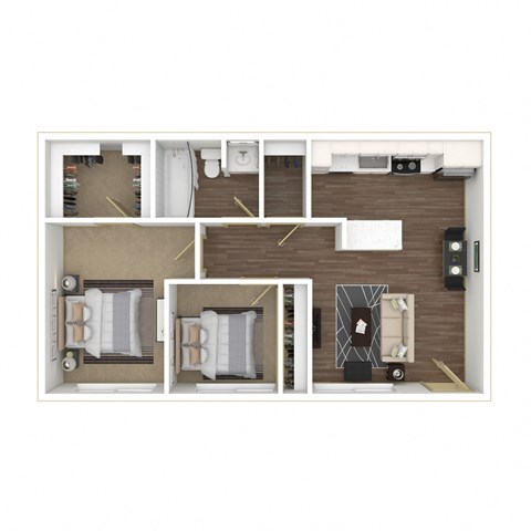 Two Bedroom, One Bathroom Floor plan 3D furnished image at Pinecrest Apartments, Davis, California